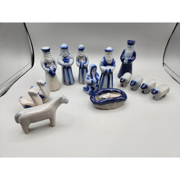 Vintage Eldreth Pottery Nativity Scene 15 piece set Salt Glaze Blue and Gray